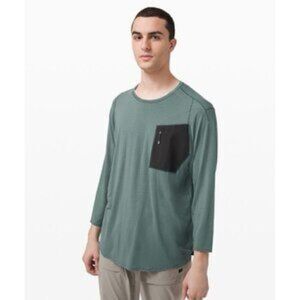 Lululemon Harbor Green Teal Grey Linen Blend Lab Sarala 3/4 Sleeve Tee XS Preppy